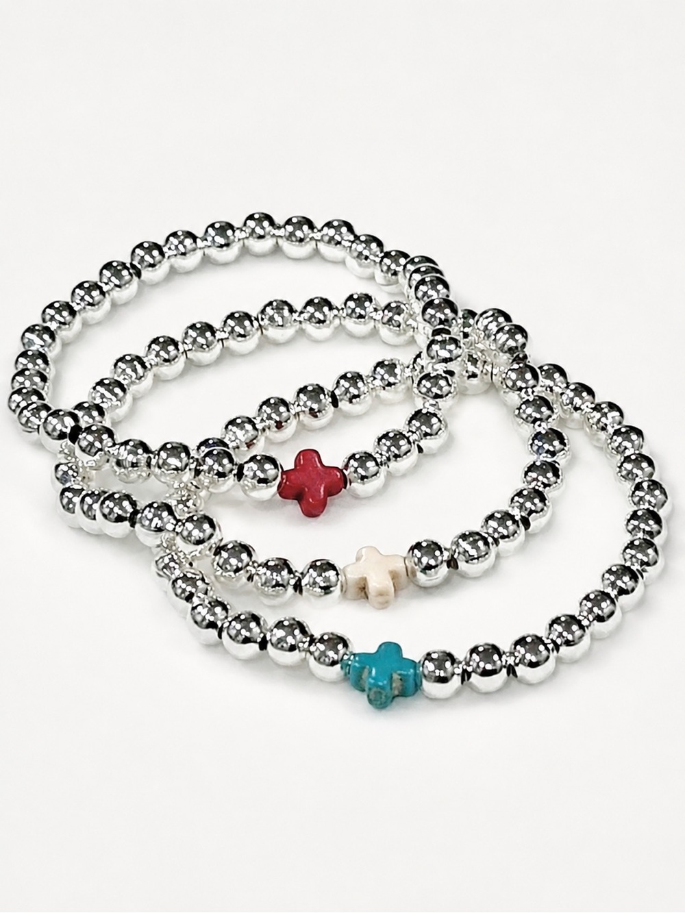 3 Hand Sterling Silver and Turquoise Cross Beaded Bracelets